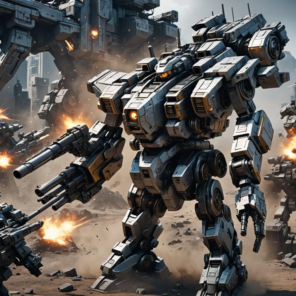 Futuristic Mech with Gatling Gun in Sci-Fi Scene