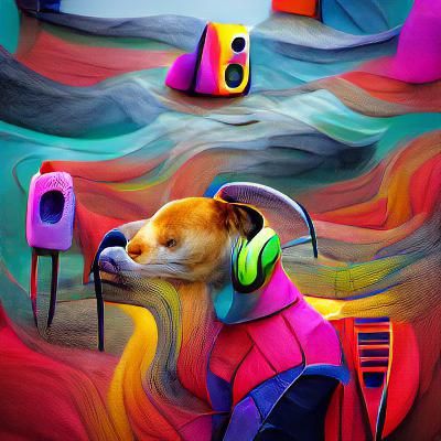 Surreal Colorful Dog Listens to Music