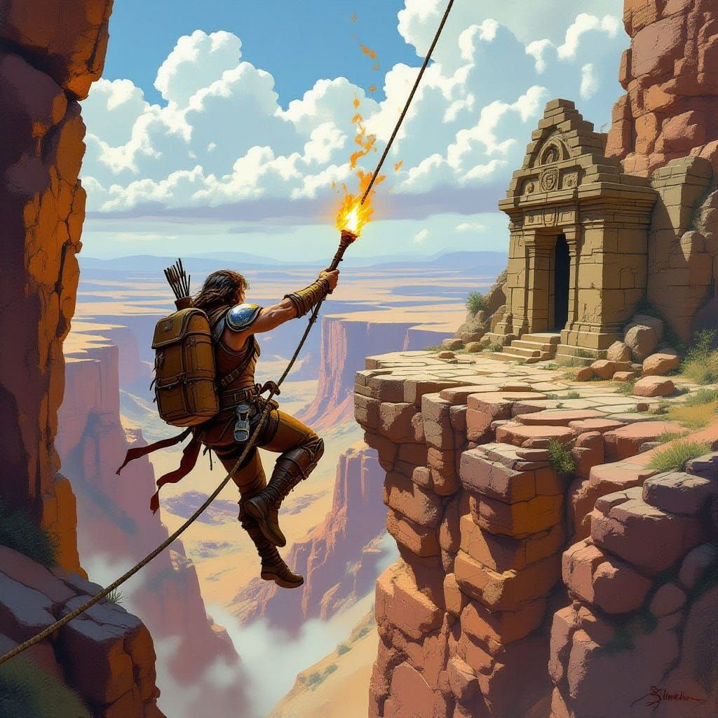 Adventurer Swinging to Forgotten Temple in Fantasy Art Style
