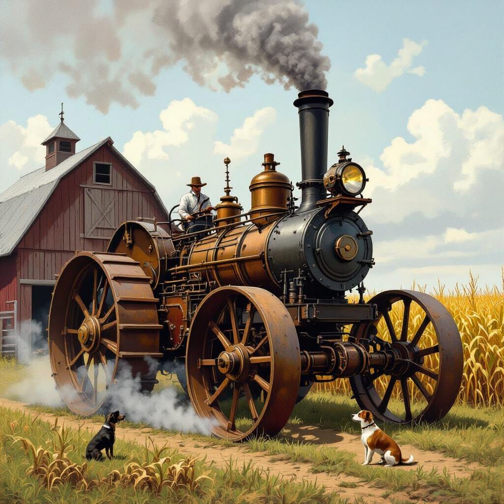 1890s Steam farm tractor large steel wheels. Steel body smok...