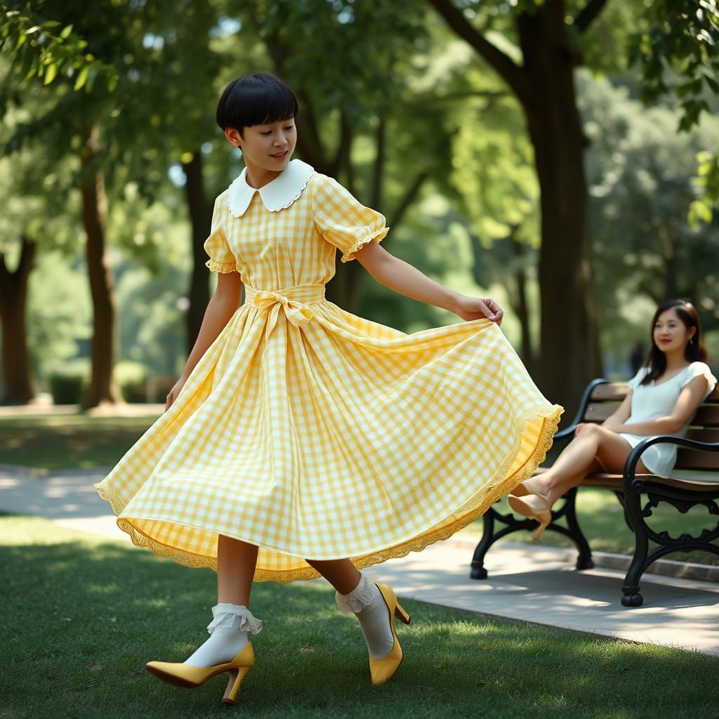 Whimsical Young Man in Gingham Dress, Lush Park Setting, Cin...