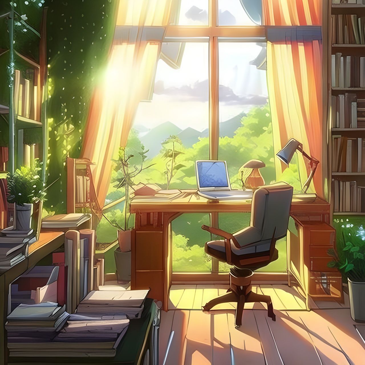 Cozy Study Room with Plants in Anime Style