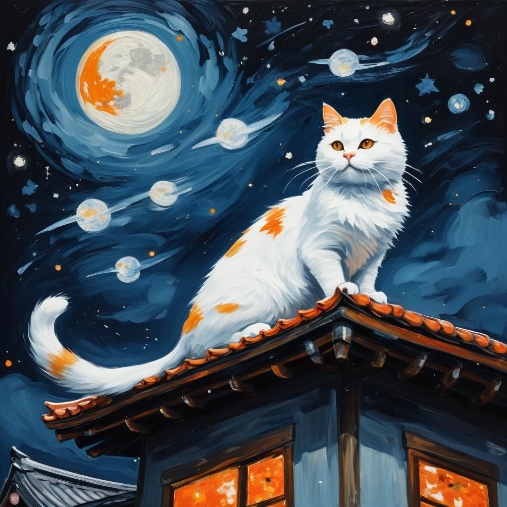 Impressionist Cat on Japanese Roof Under Starry Sky