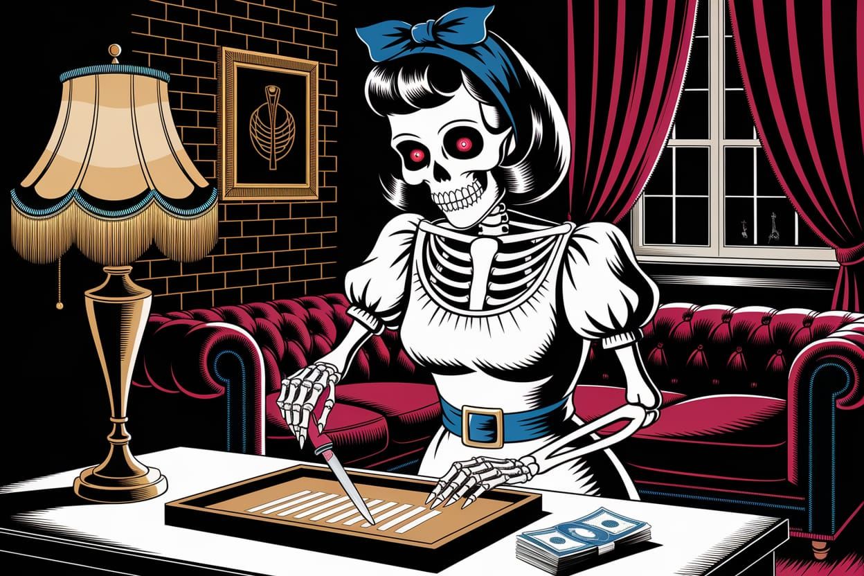 Retro Skeleton Pin-Up: Grim Reaper's Occult Allure