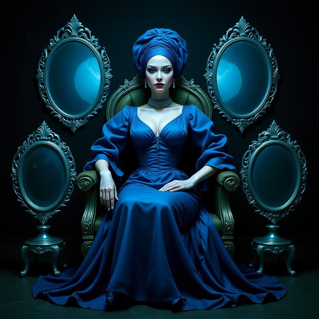 A reclining woman, dressed in a lavish, long, satin evening ...