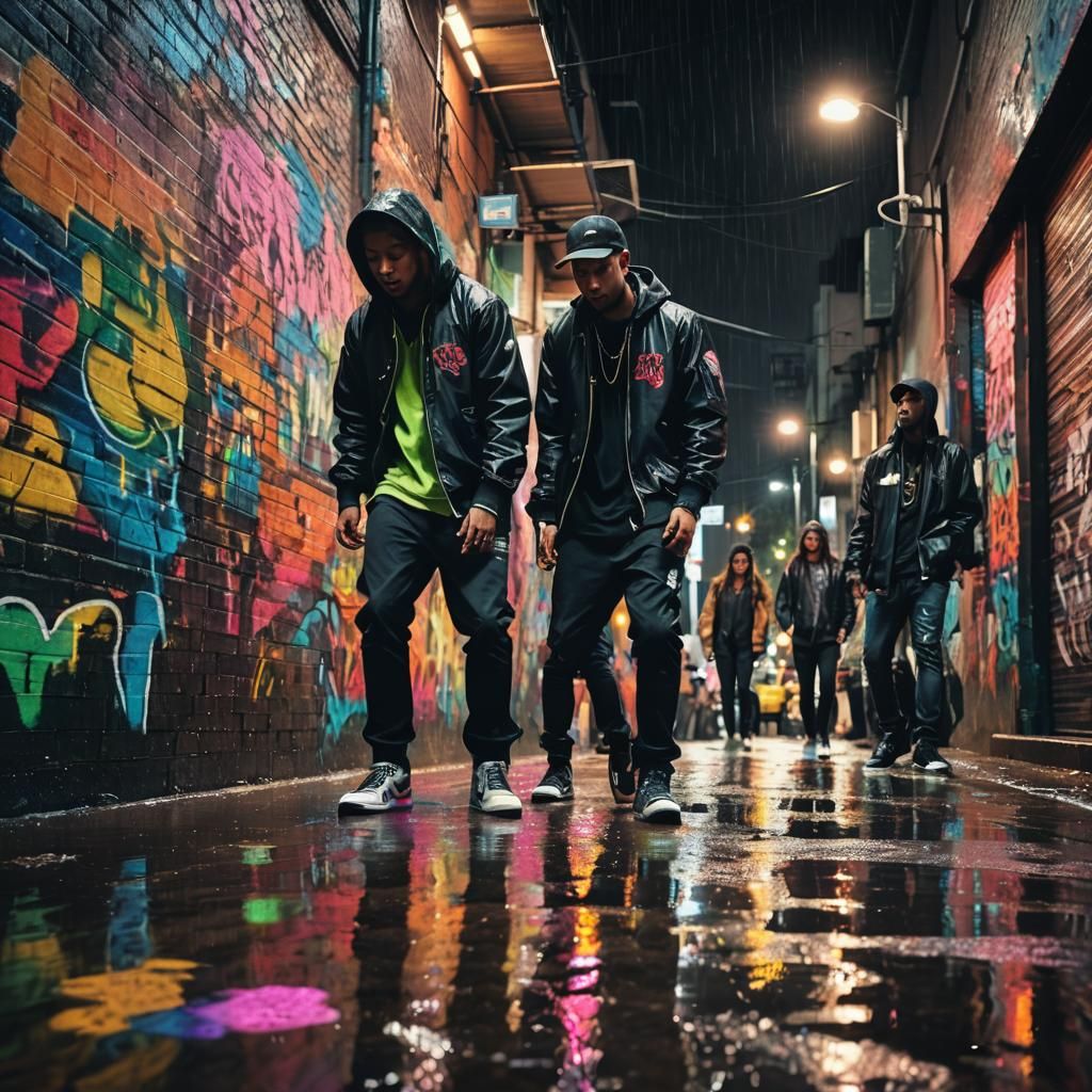 Hip Hop Musicians Perform in Rainy Laneway