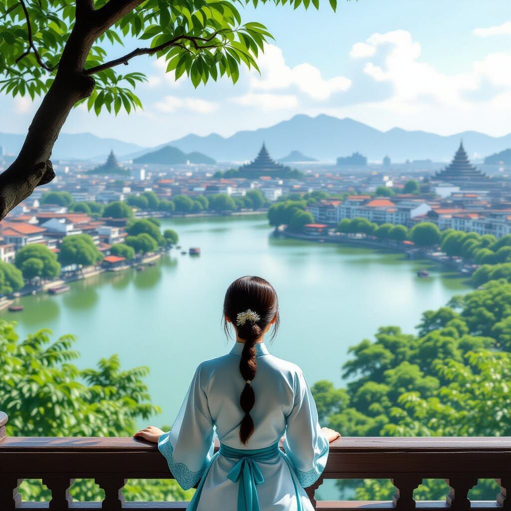 Vietnamese Woman Gazing at Hanoi Landscape in Photorealistic...