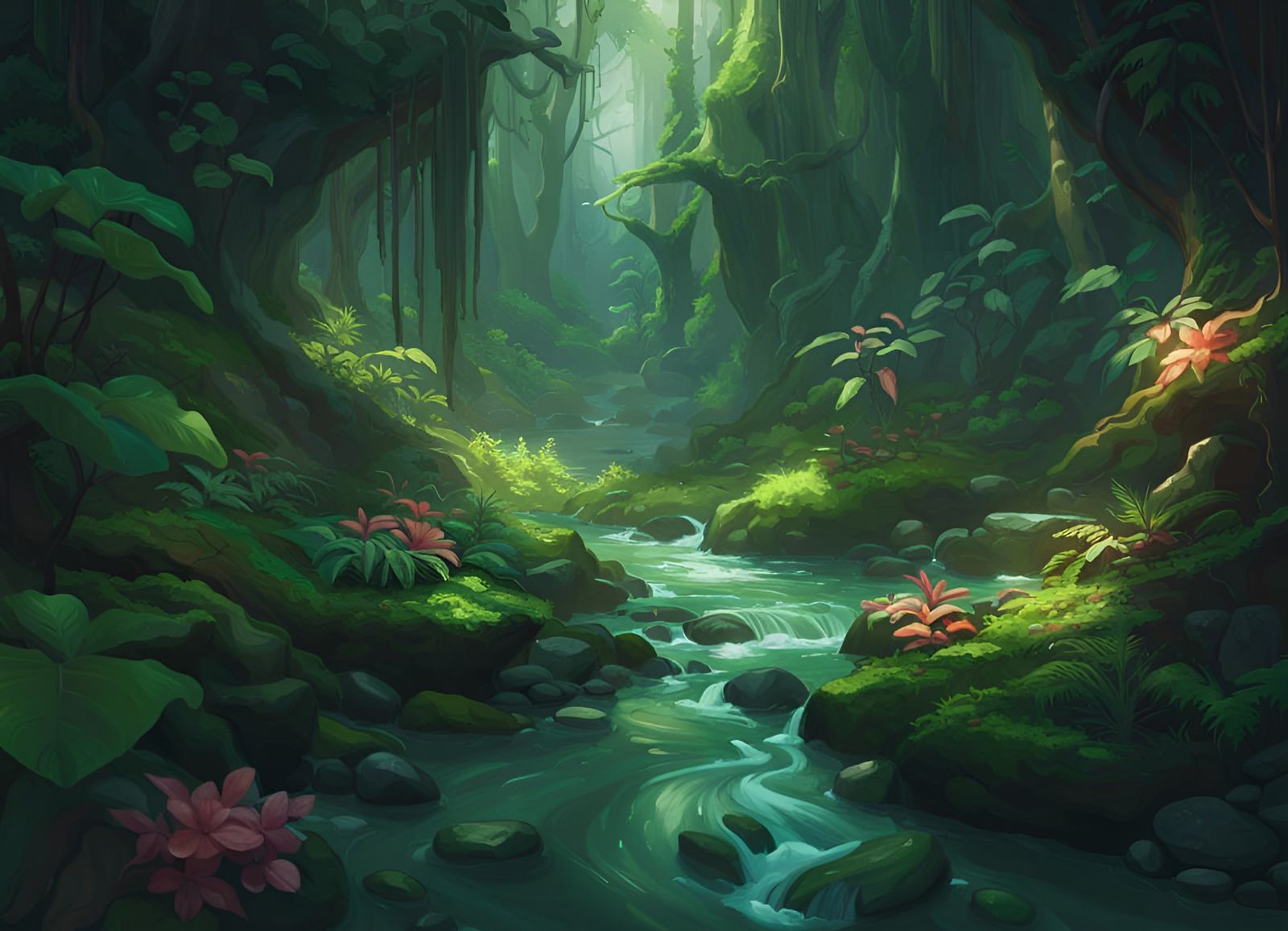 Lush Rainforest Stream Digital Art