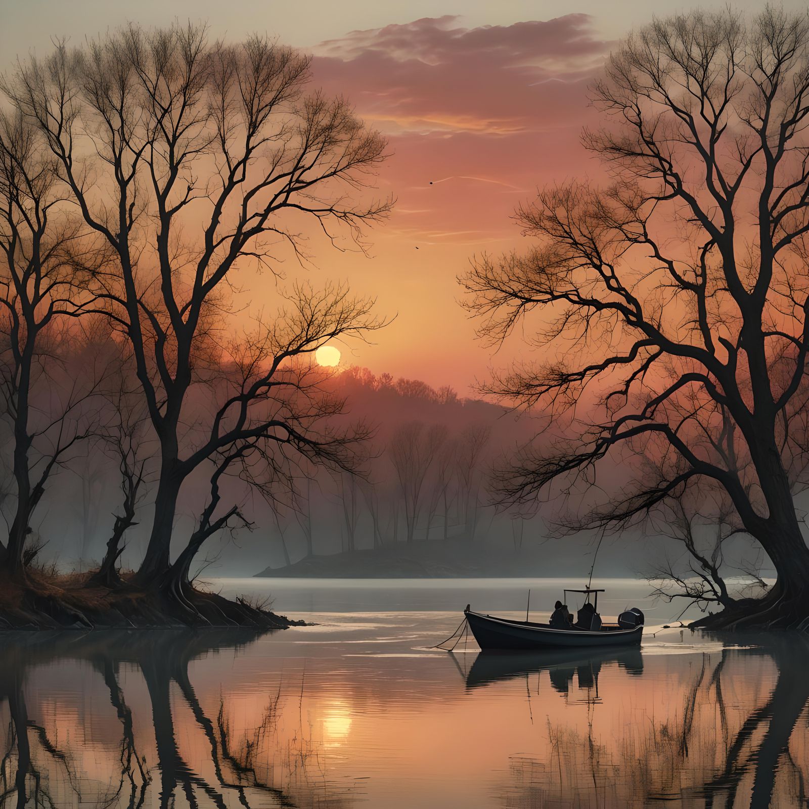 Fishing Boat at Sunrise: Detailed Matte Painting