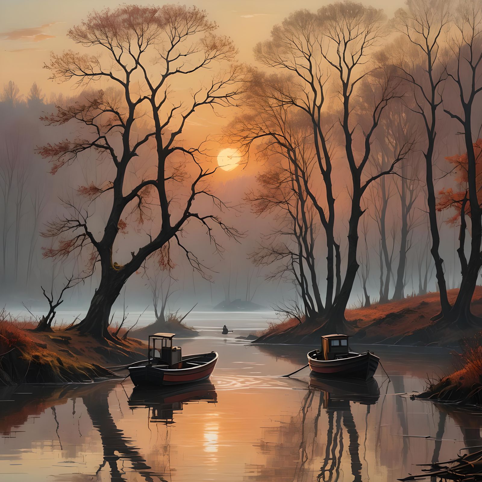 Fishing Boat at Sunrise Between Leafless Trees