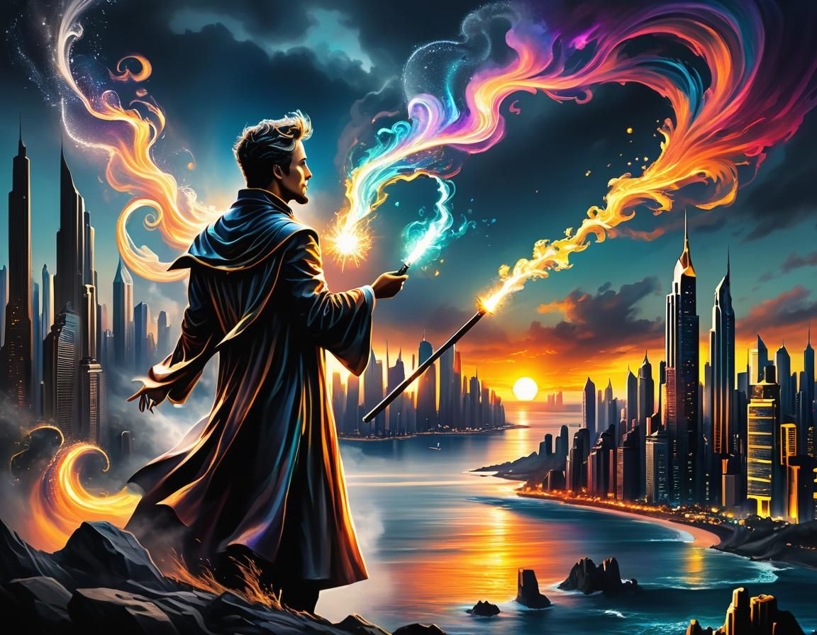 Teslapunk Sorcerer Casting Spells at Sunset