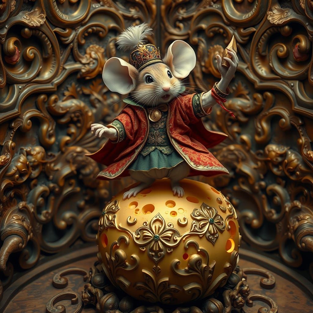 Mouse Dancing on Cheese Ball in Hyperrealistic Style