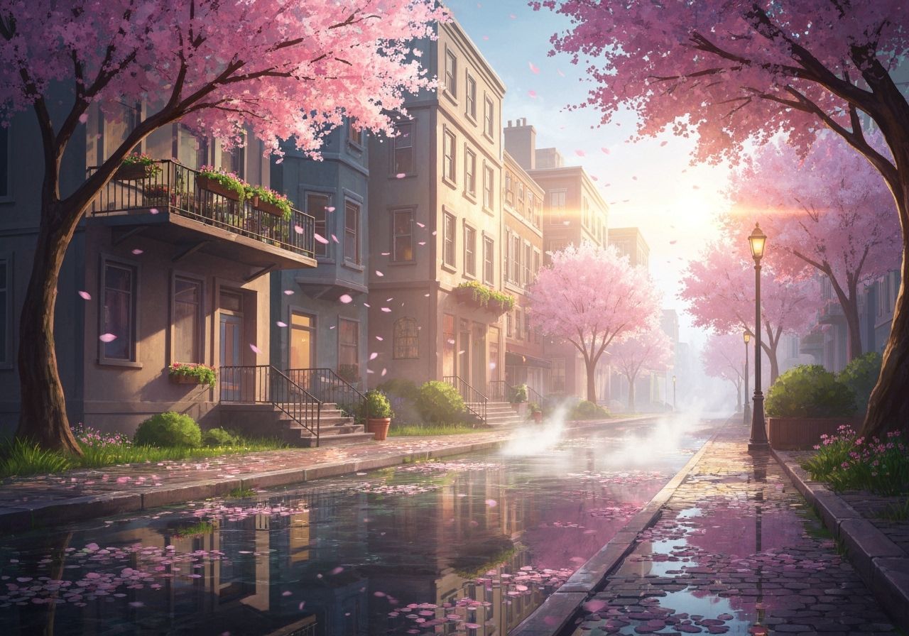 Cinematic Spring City Scene: Blooming Trees and Sunlight