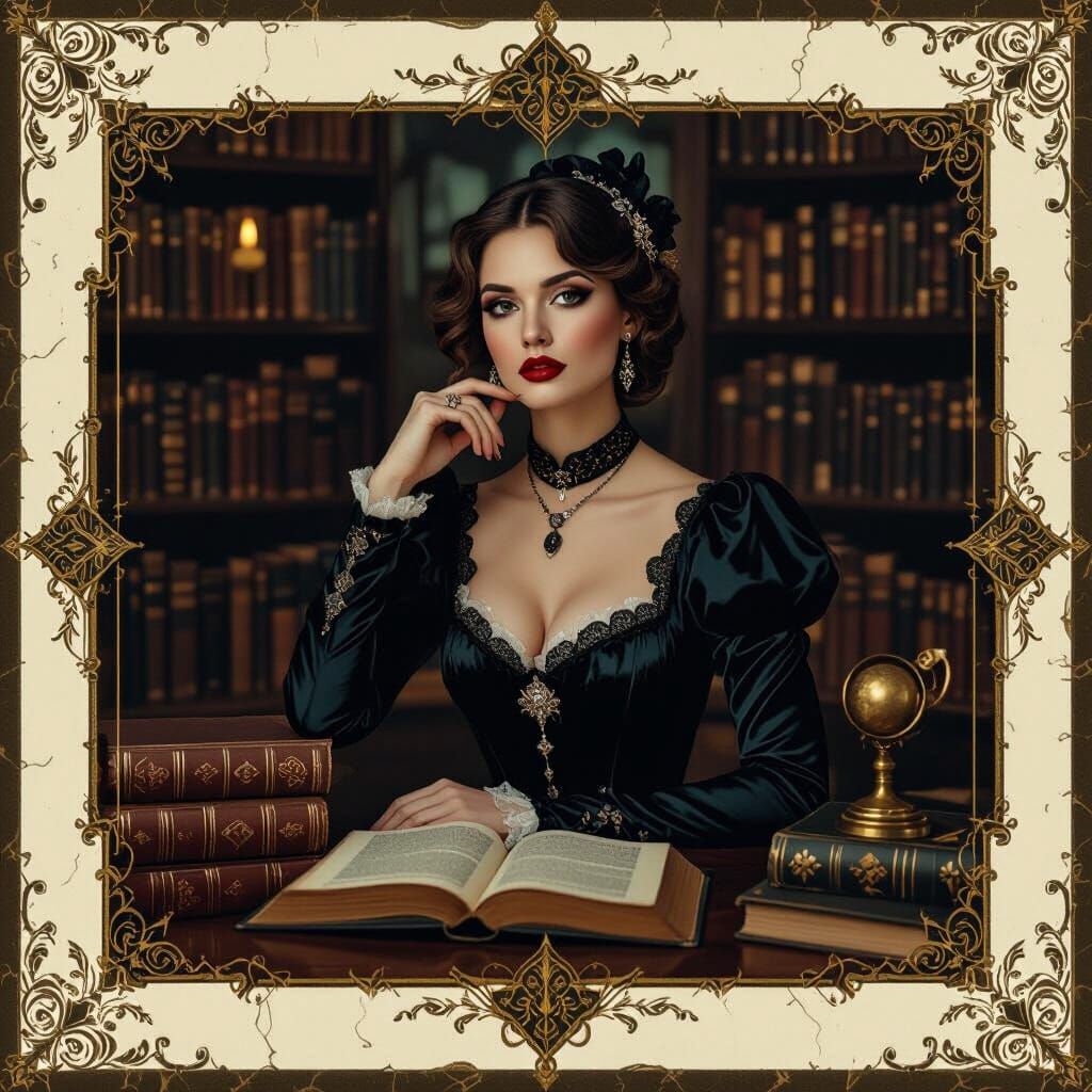 Elegant Woman in Library: Tim Burton Geometric Photoillustra...