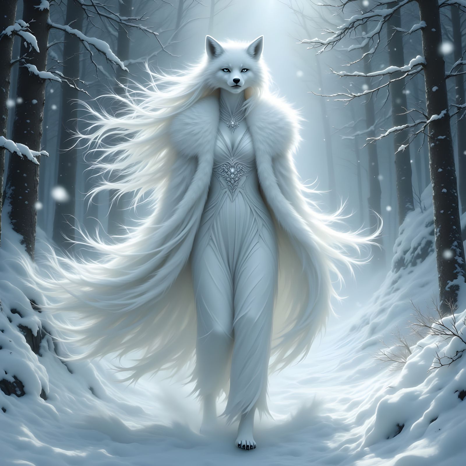 Arctic Fox Goddess in White Fantasy Concept Art