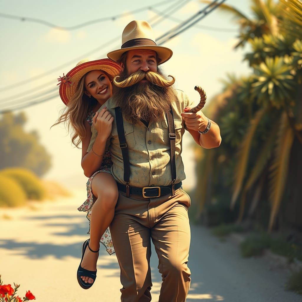 Crazy blonde woman riding on the back of a wildly bearded ma...