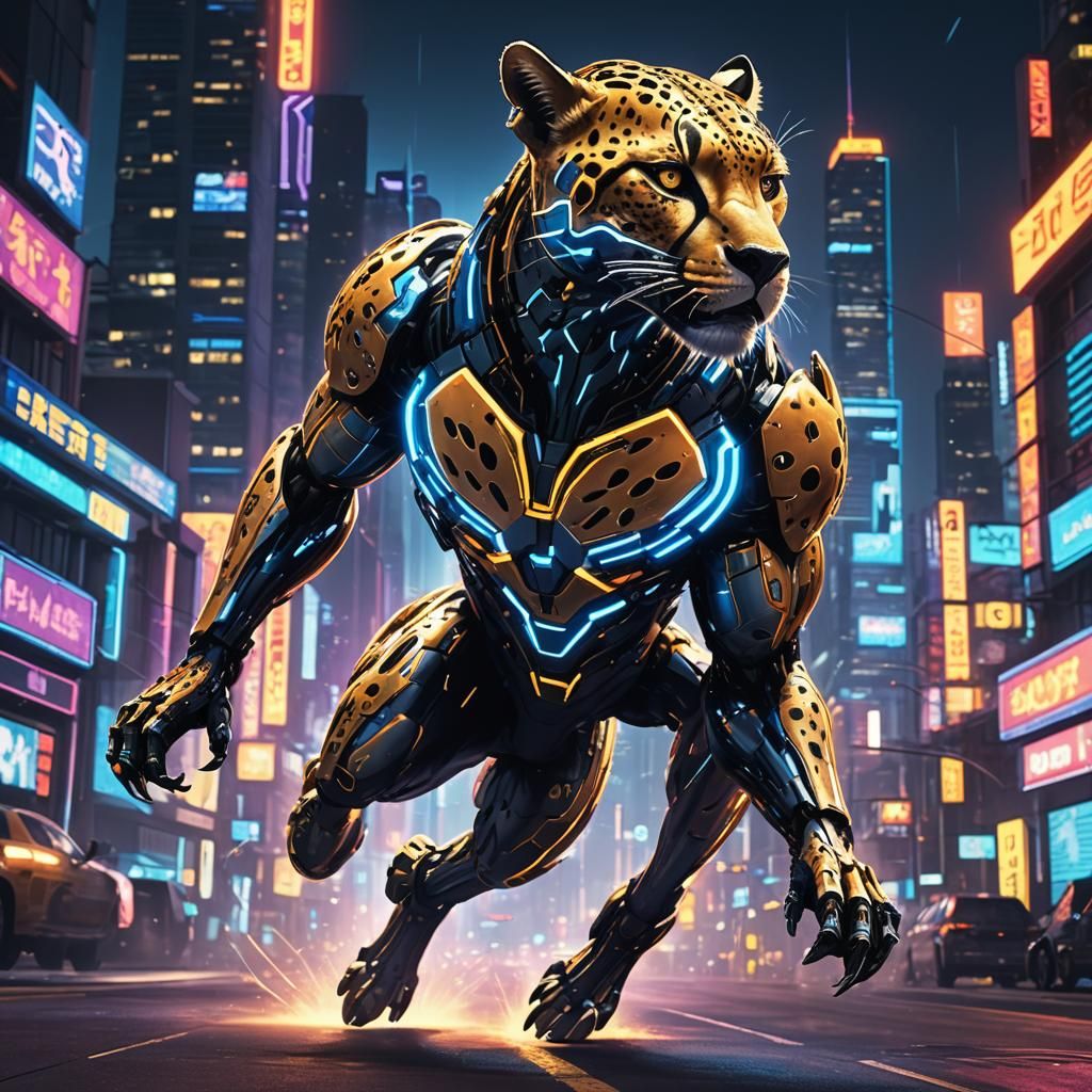 Cyborg Cheetah Sprints Through Neon City