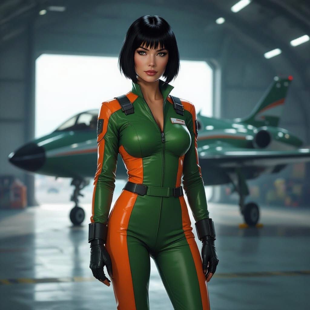 Female Pilot in Green Orange Jumpsuit with Futuristic Aircra...