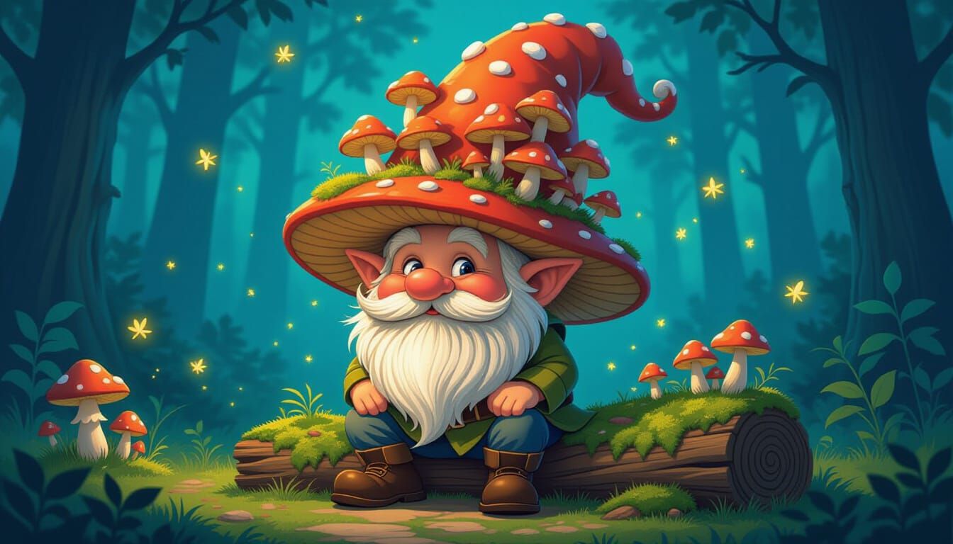 Whimsical Gnome with Mushroom Hat in Twilight Forest