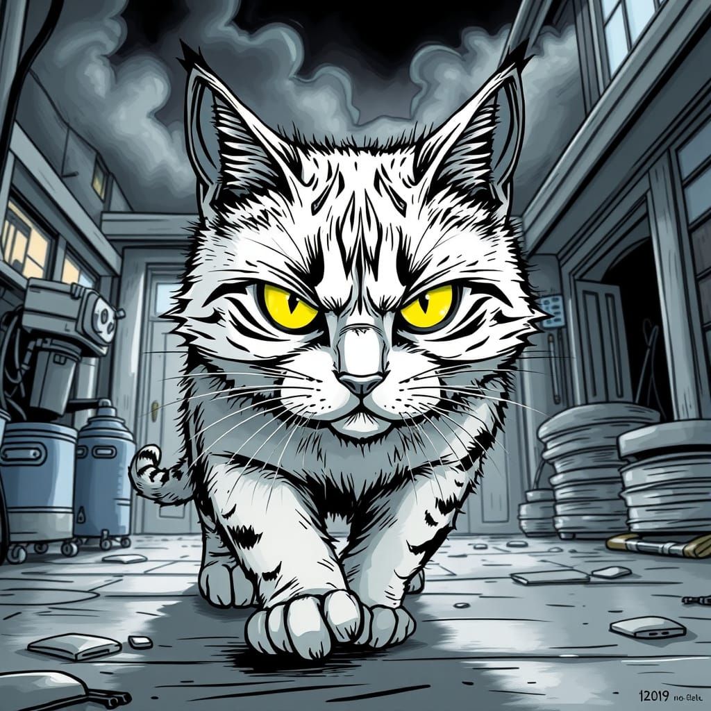 Epic 2D Cat Marches Across Garage in Cinematic Digital Paint...
