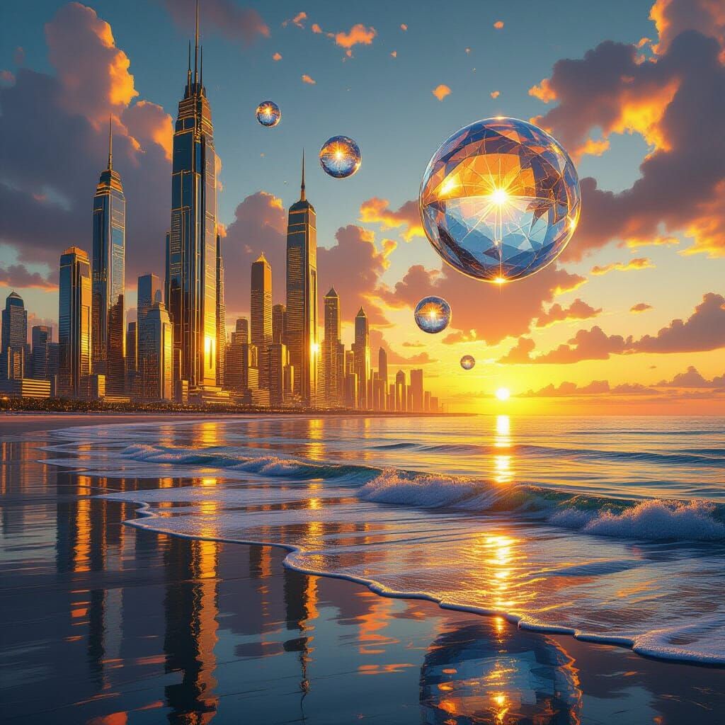 Futuristic City with Floating Spheres, Cinematic Lighting