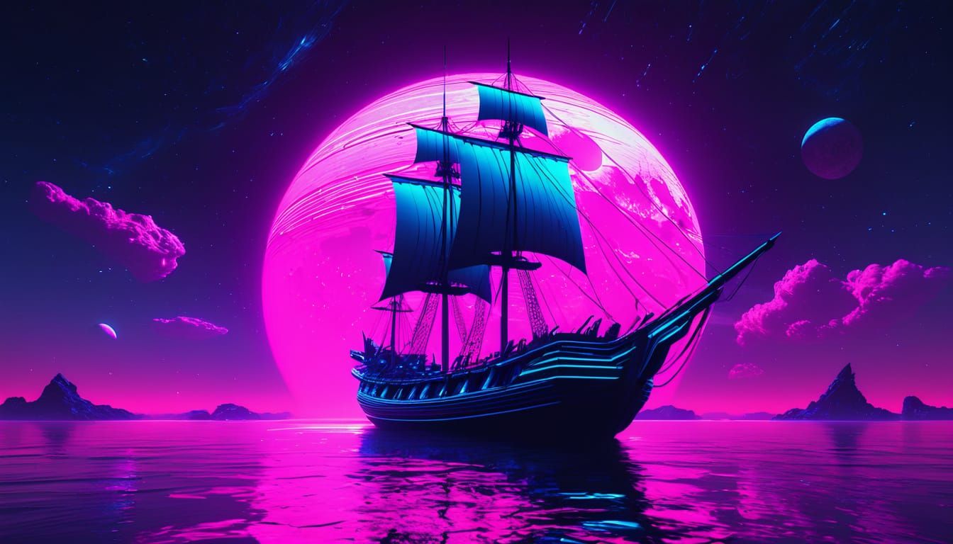 Phoenician Ship Sails Through Vibrant Vaporwave Cosmos