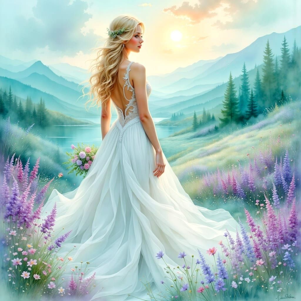 Dreamy Blonde Beauty in Watercolor Landscape