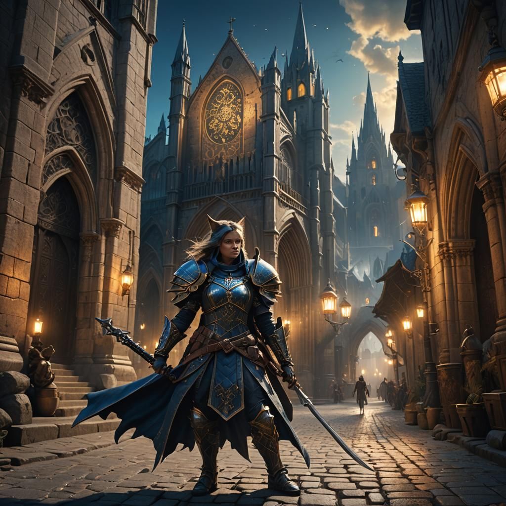 Cathedral Warrior Battles Cats in Mystical City