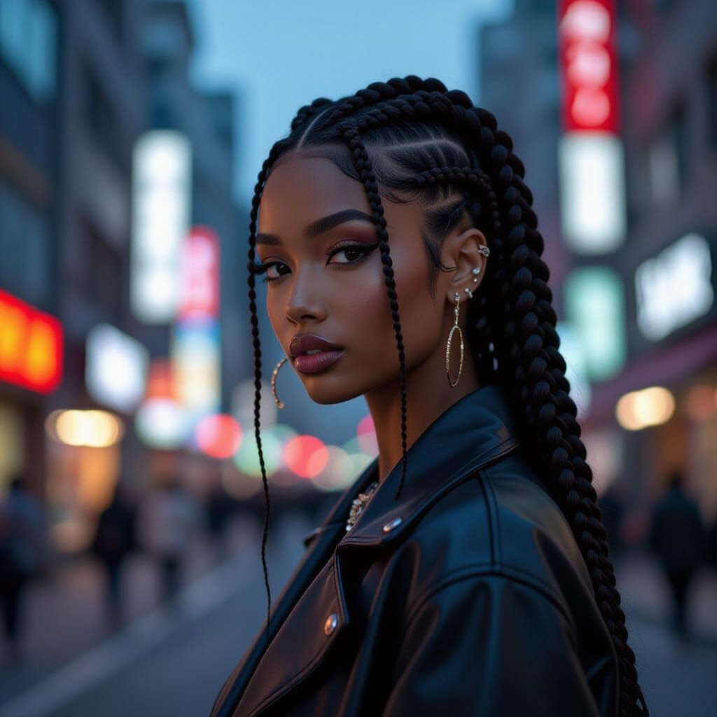 Black Woman in K-Pop Fashion on City Street