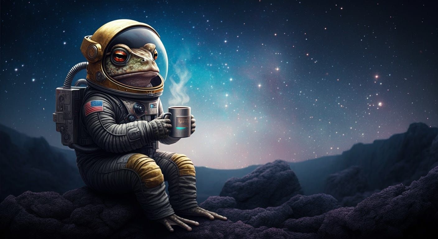 Vintage Space Toad Sips Coffee Amidst Starry Galaxy