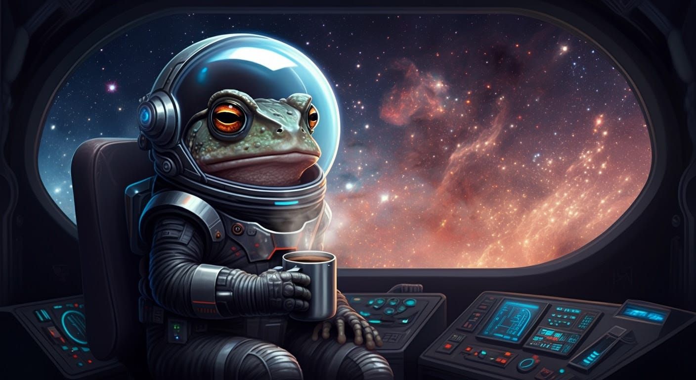 Cosmic Toad in Futuristic Spacesuit Sips Coffee Under Starry...