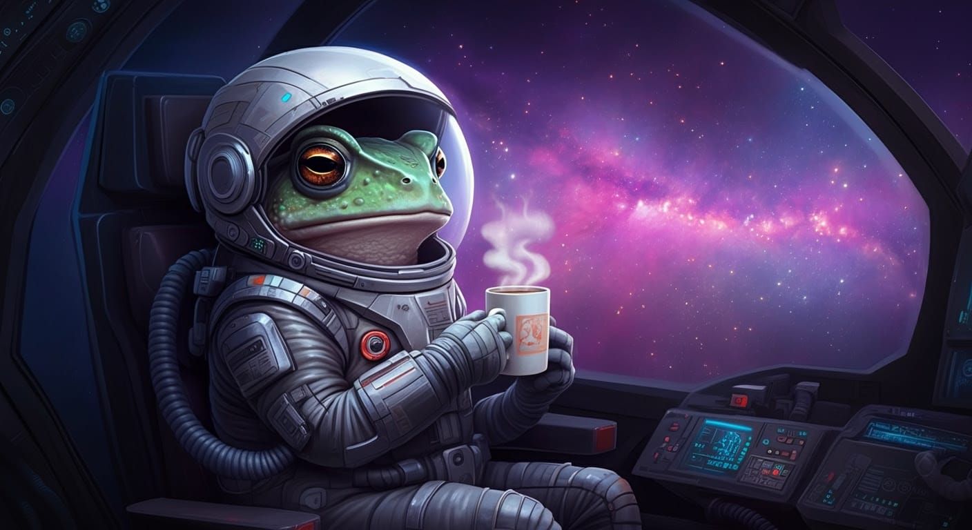 Futuristic Toad in Space Sips Coffee Amidst Nebula