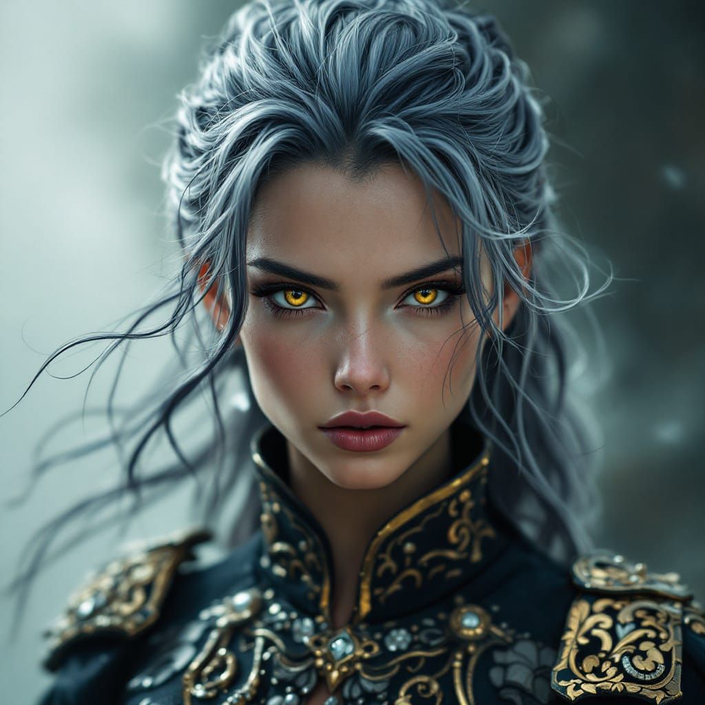 Fierce Woman Portrait with Ornate Clothing