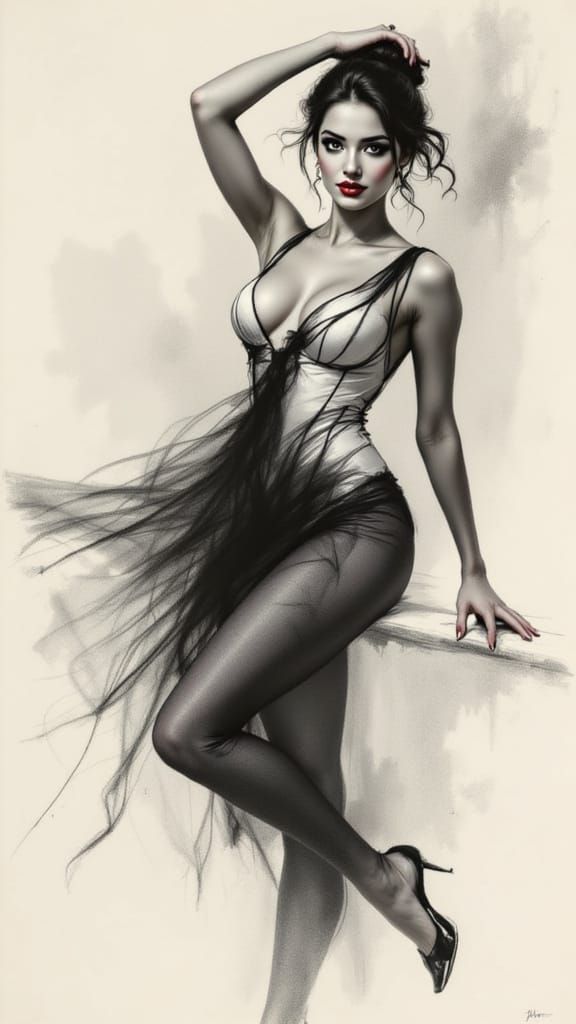 Sultry Pin-Up Girl in Charcoal Style