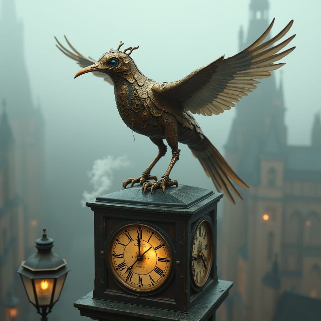 Steampunk Automaton Bird on Gothic Clock Tower