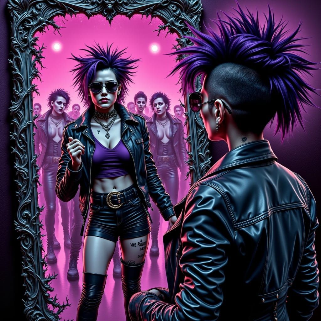 Punk Lady Confronts Symmetrical Clones in Mirror
