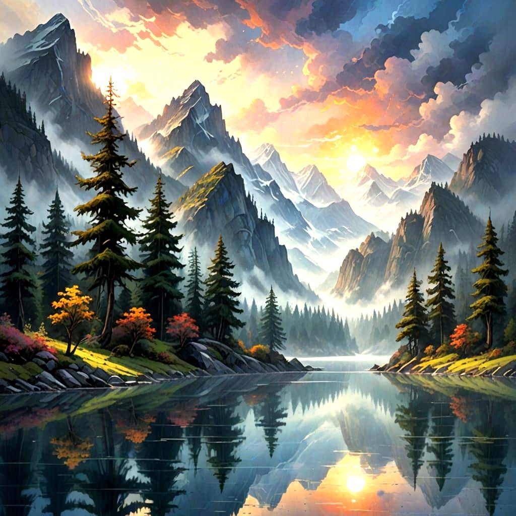 Ethereal Impressionistic Landscape with Misty Mountains