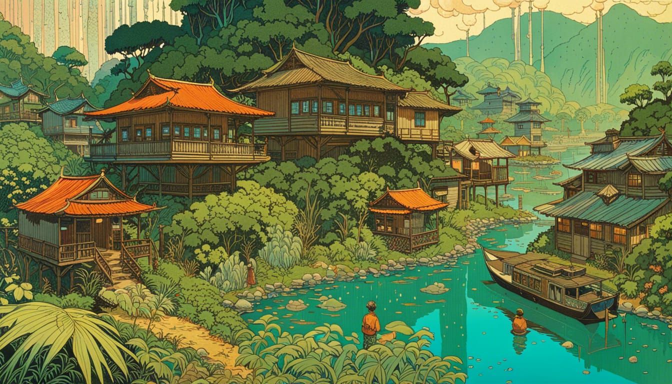 Hawaiian River Village in Retro Video Game Style