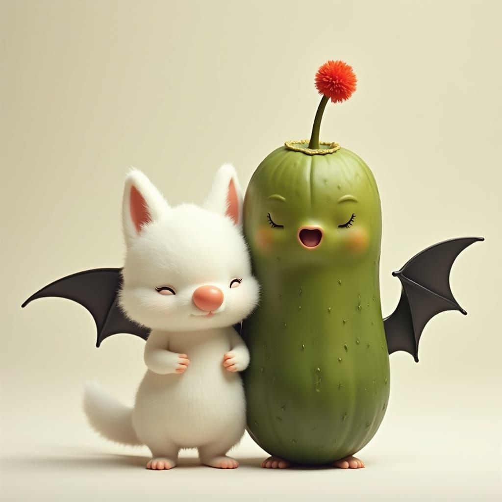 Furry Creature and Anthropomorphic Pickle with Antenna