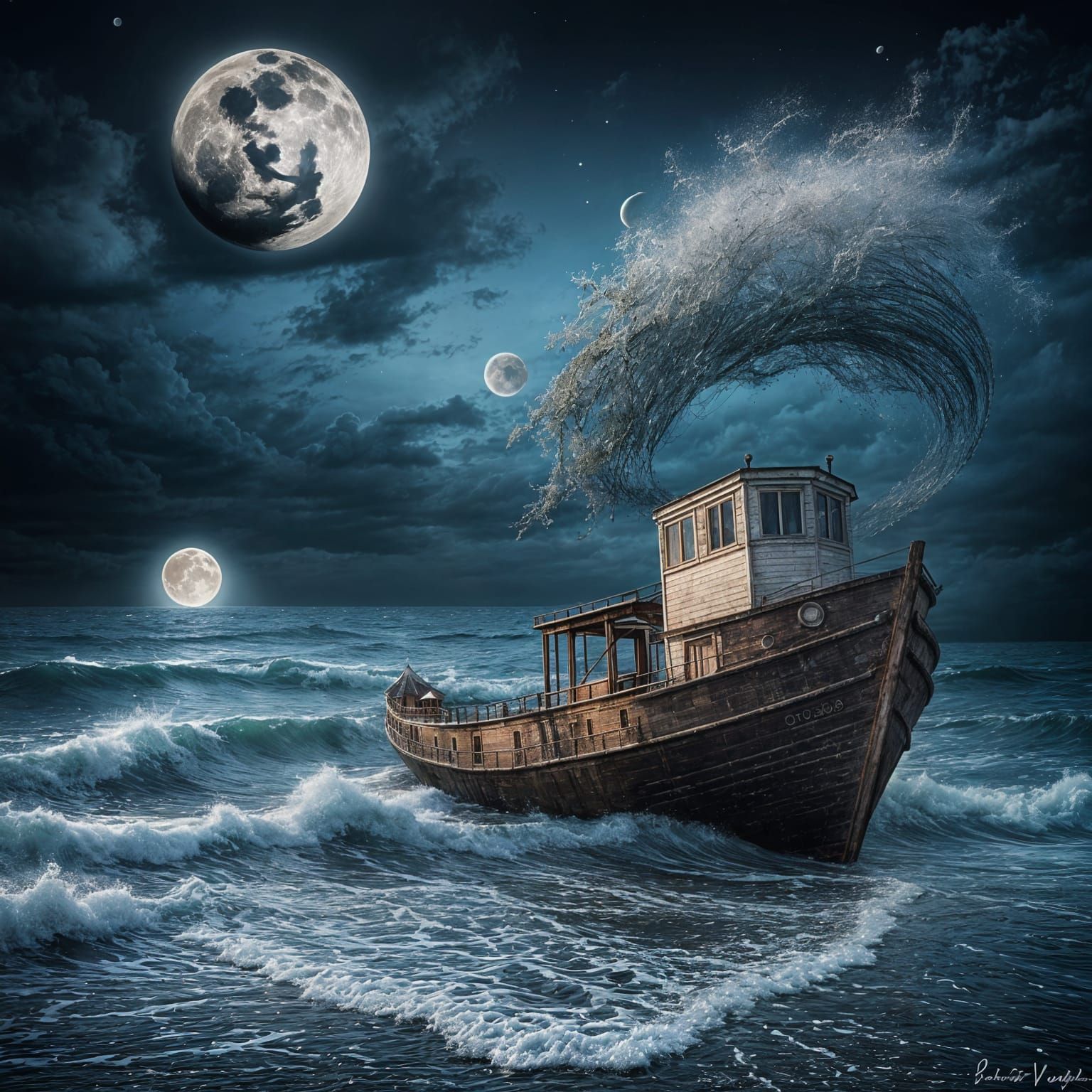 Surreal Sea and Moon Embrace