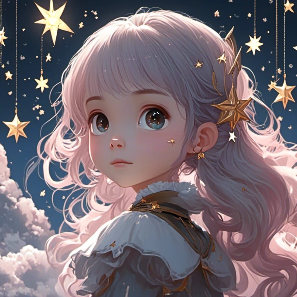 Cartoon Girl Gazing at Stars with Star Wand