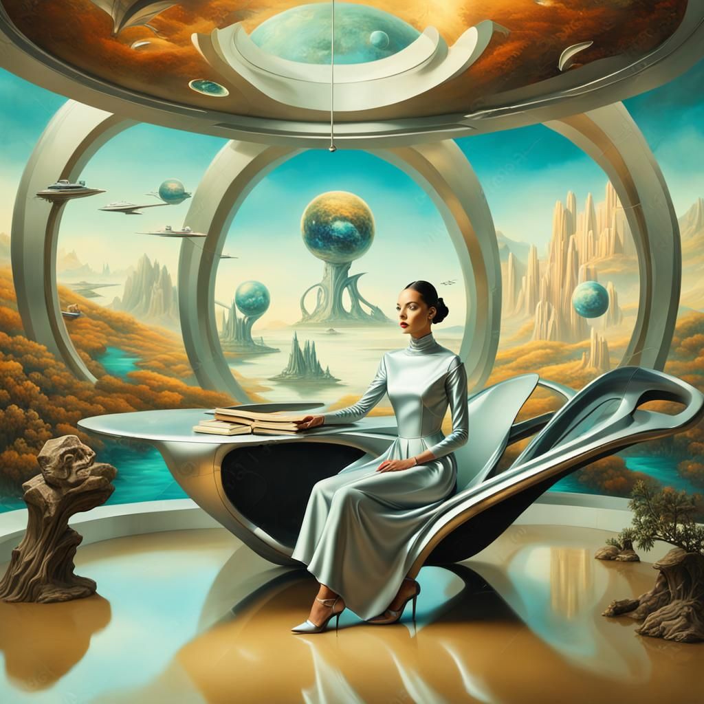 Futuristic Woman in Surreal Luxury Interior, Salvador Dali S...