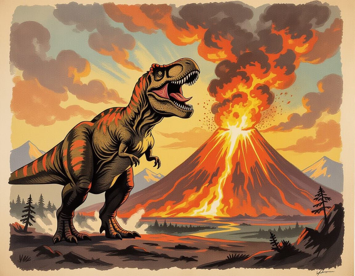 Tyrannosaurus Rex Roaring in Volcanic Cave Painting