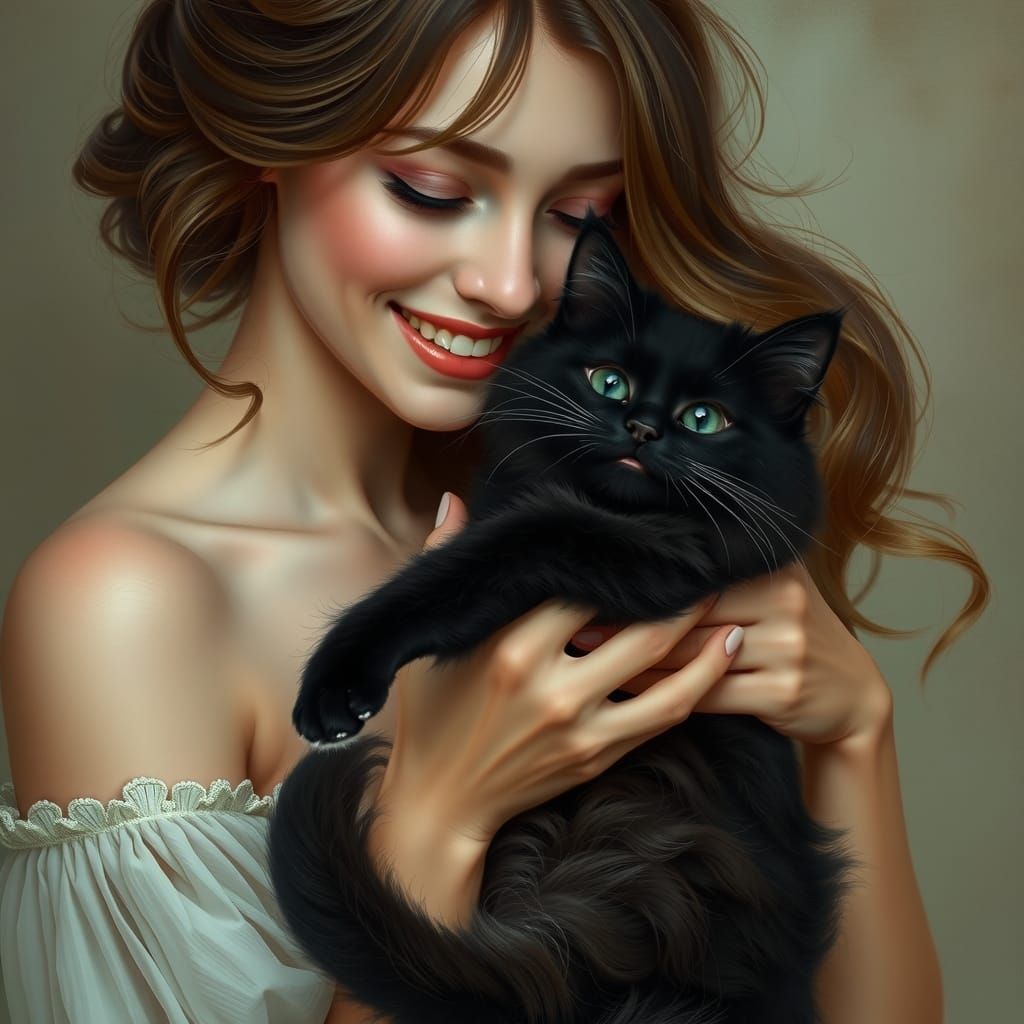 Woman and Black Cat Portrait in Art Nouveau Style