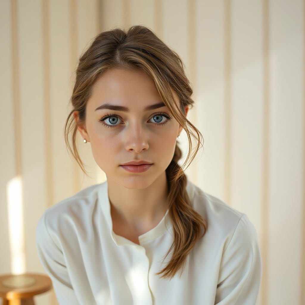 Sad Woman in Minimalist Room, Hyperrealistic Digital Art