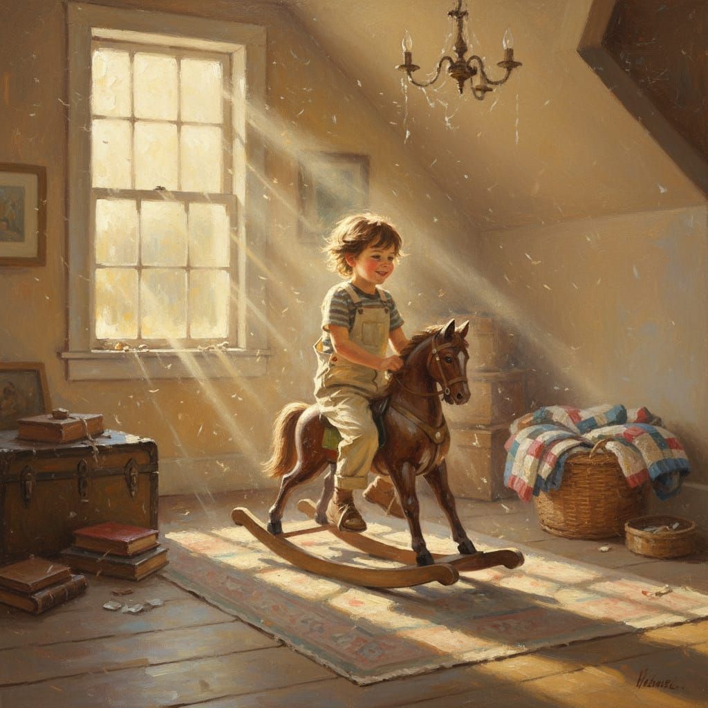Child on Rocking Horse in Sunlit Attic