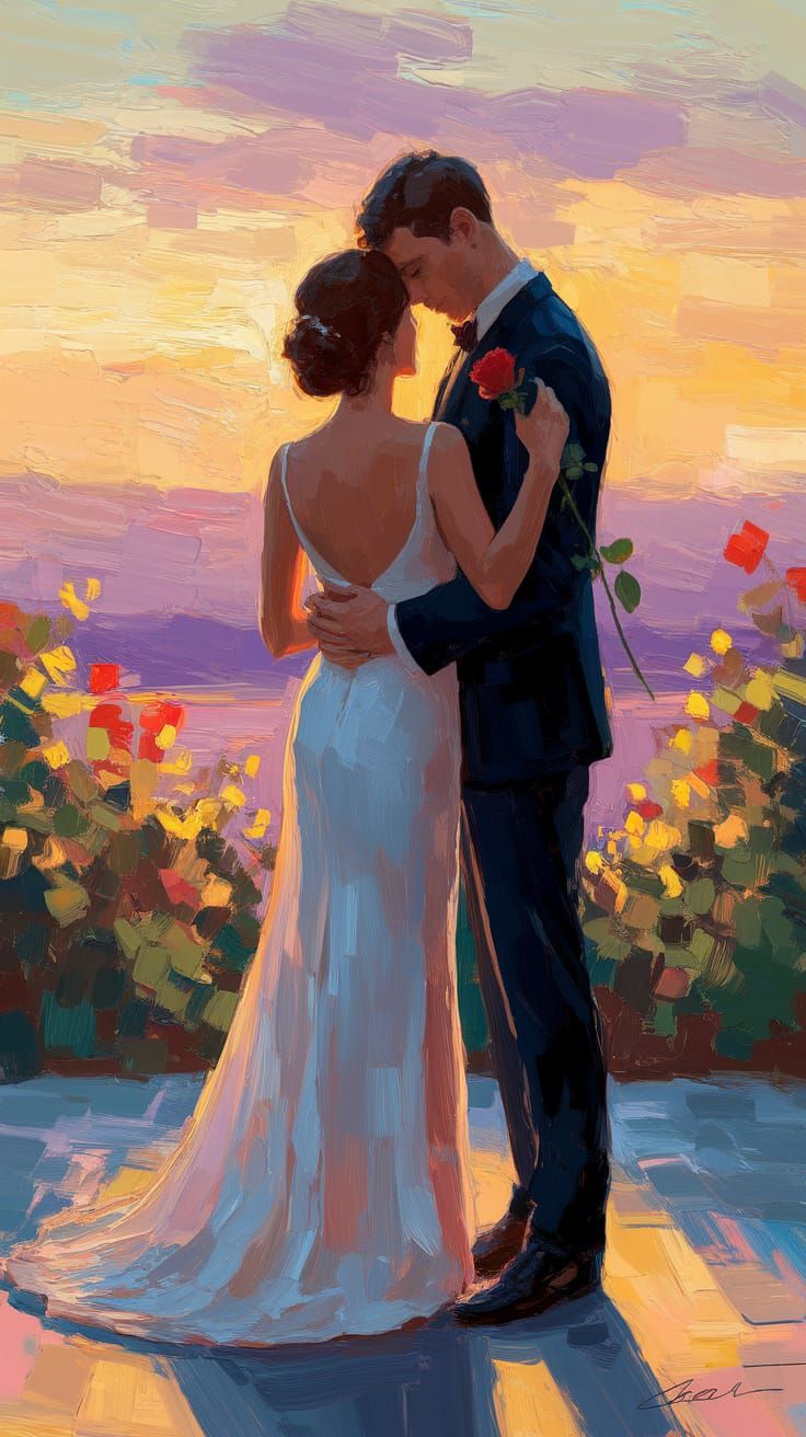 Romantic Sunset Embrace in Impressionistic Style