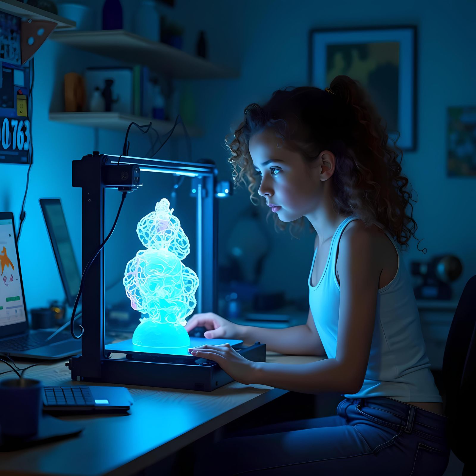 Girl Programming 3D Printer in Cartoon Style