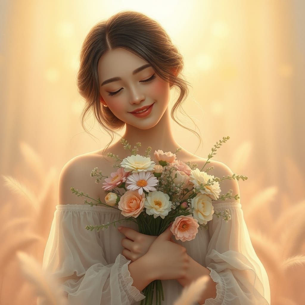Dreamy Woman with Flowers in Ethereal Lighting