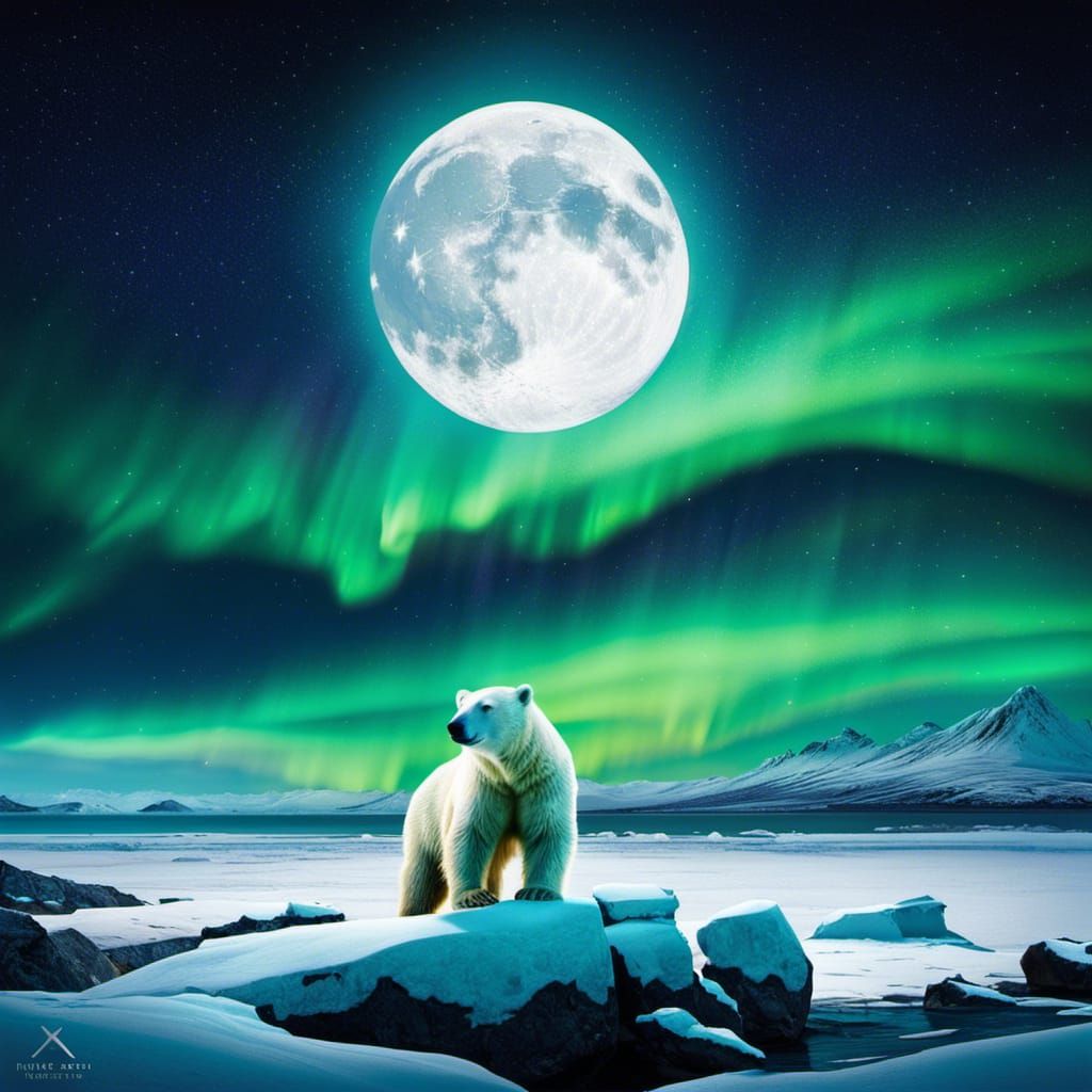 Polar Bear Under Aurora Borealis: Hyperrealistic Impressioni...